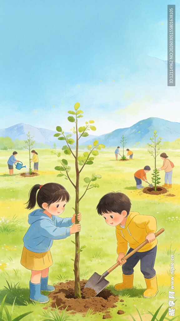 植树节手绘儿童插画