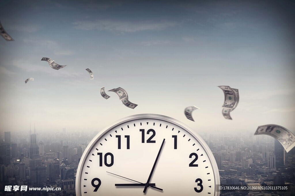 时钟前飞舞纸张城市背景