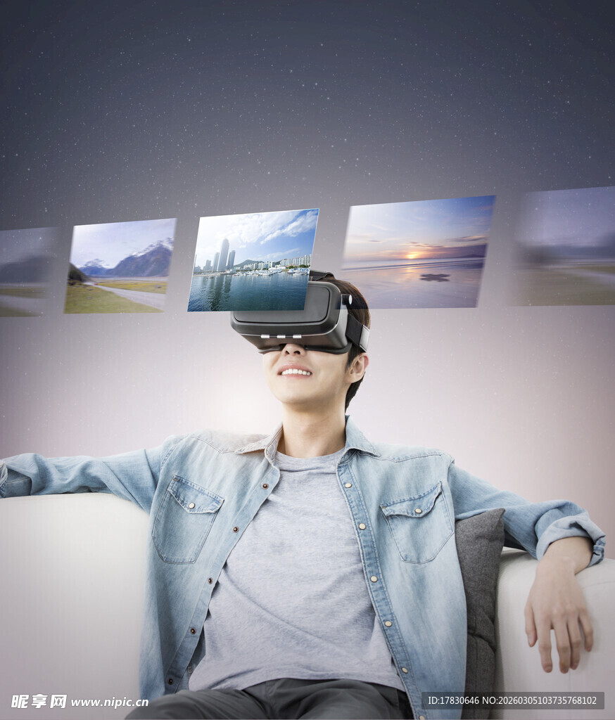 男子惬意体验虚拟现实设备