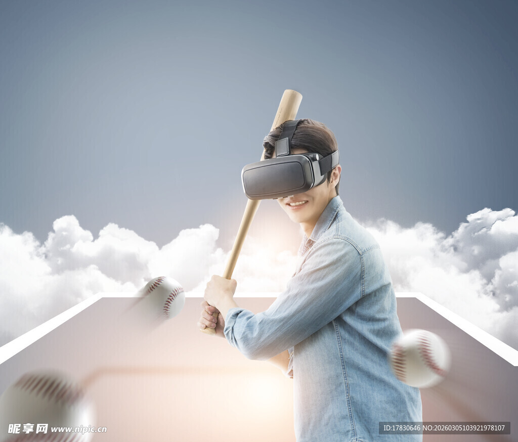 女子持棒体验VR奇幻世界