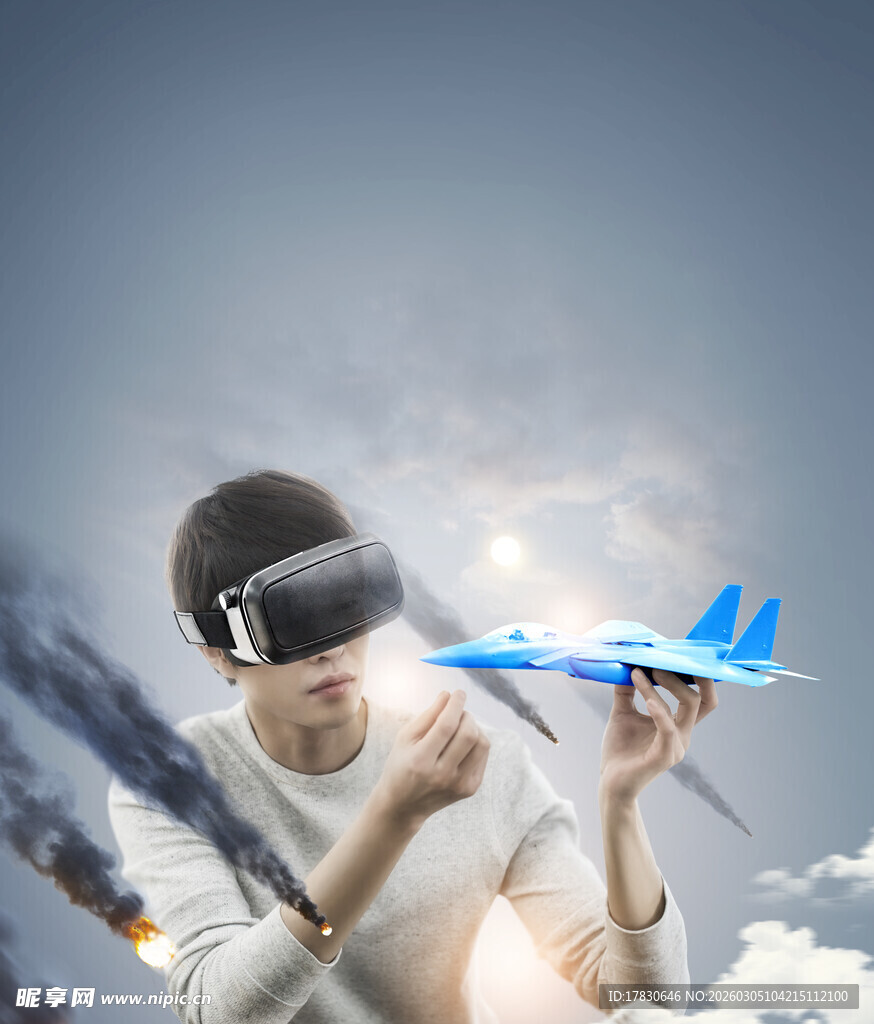 男子体验VR操控虚拟飞机