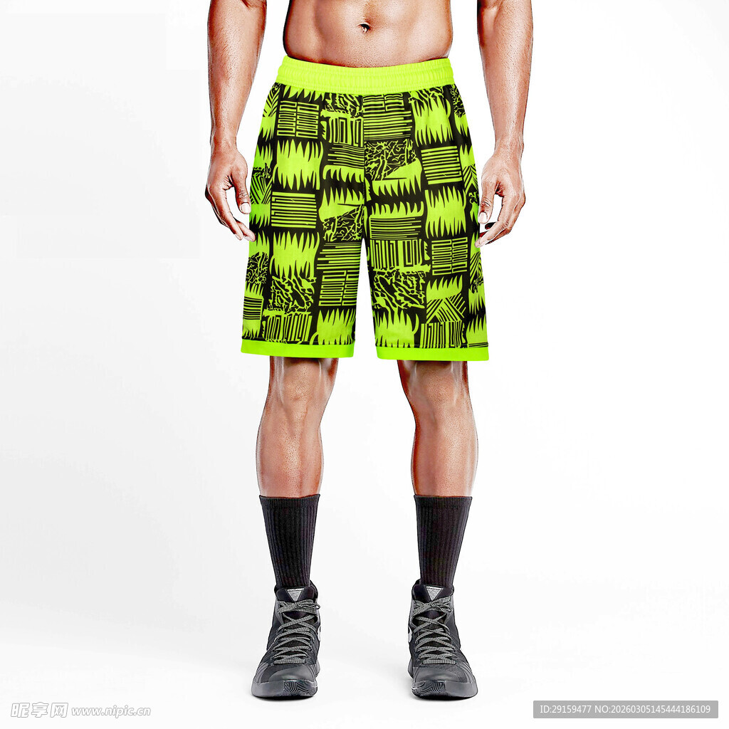 荧光绿个性图案运动短裤