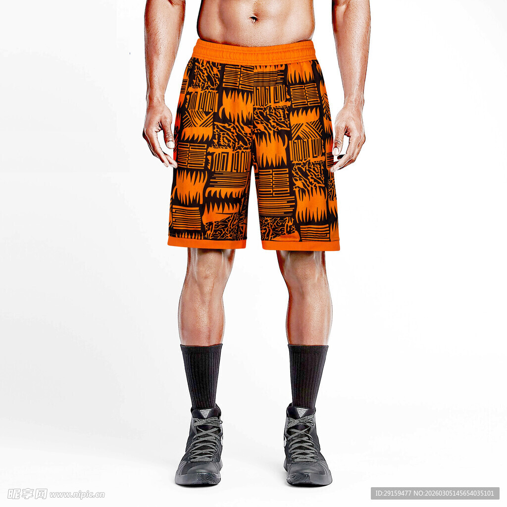 男士橙色印花休闲短裤
