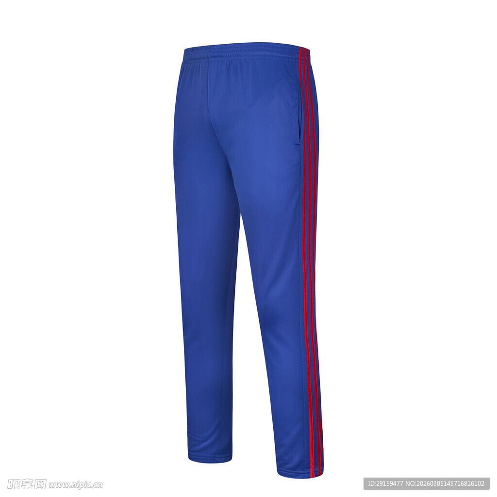 蓝色侧边红条纹运动长裤