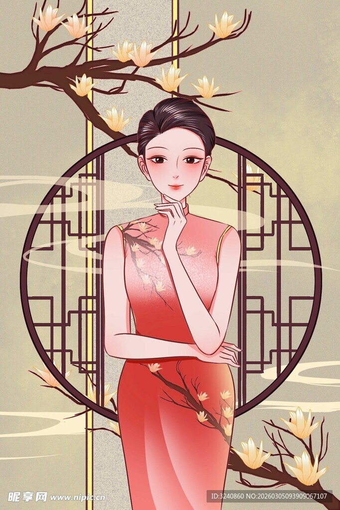 古典旗袍女子赏梅图