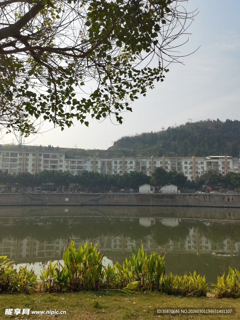 湖畔风光远处建筑群映于湖