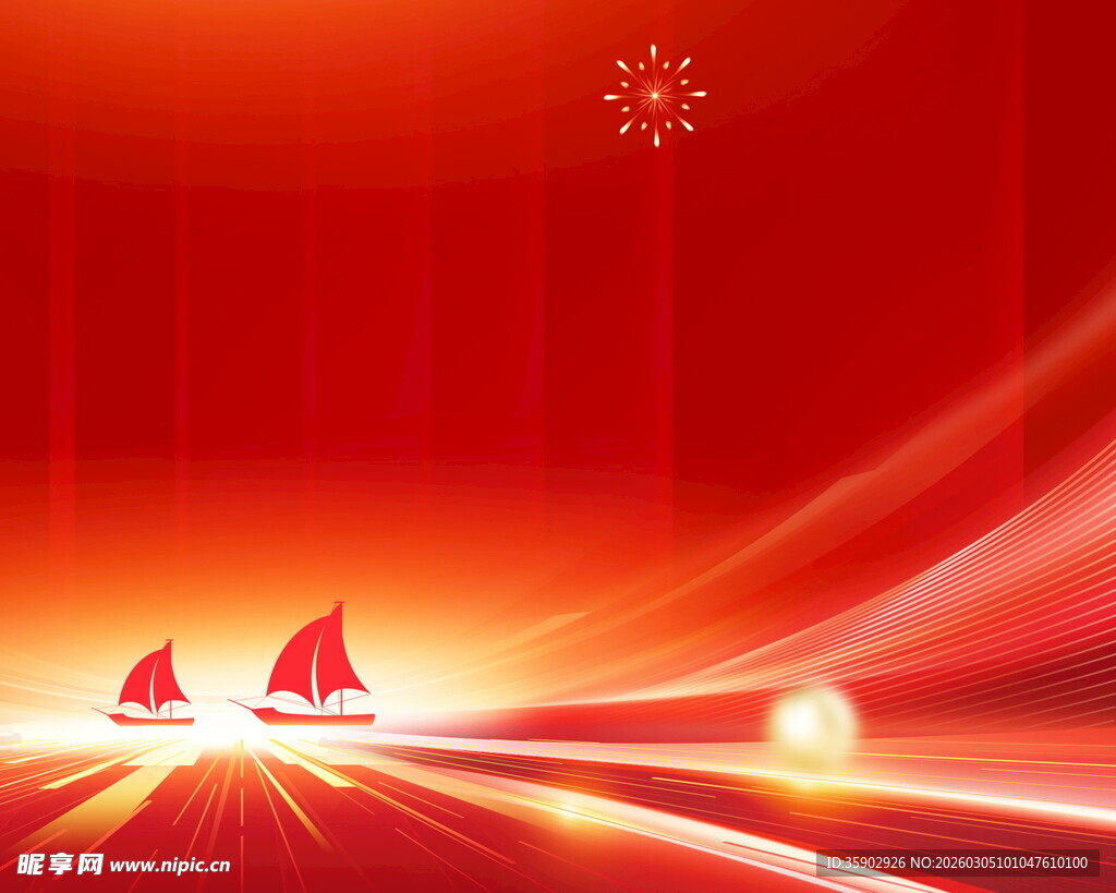 红色背景下海面双帆船