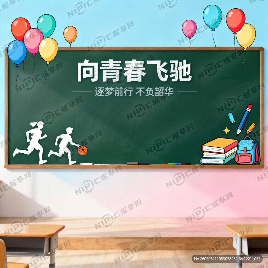 向青春飞驰主题的教室背景墙图