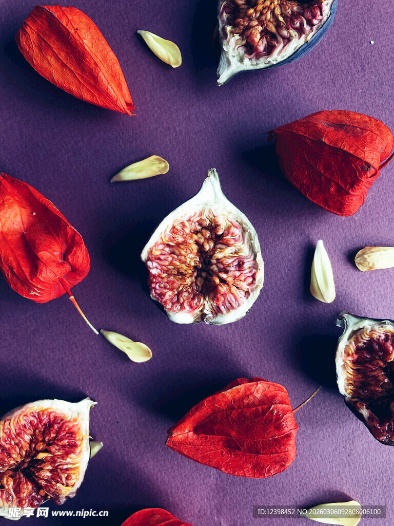 紫色背景上的无花果与酸浆