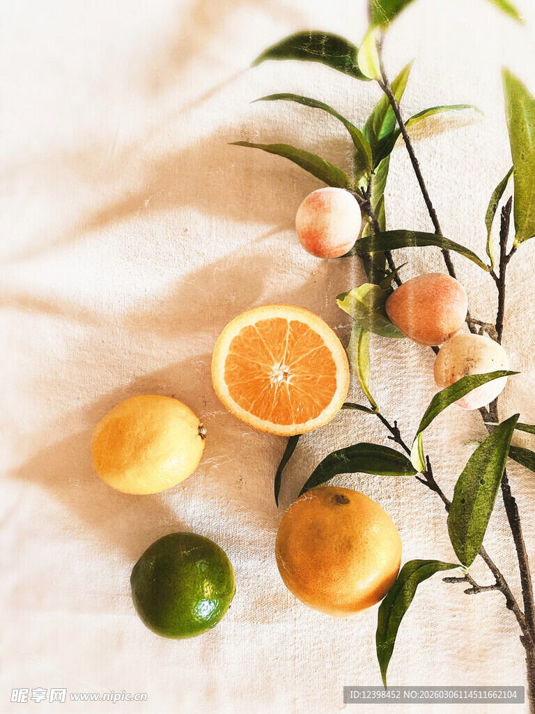 新鲜柑橘类水果与枝叶