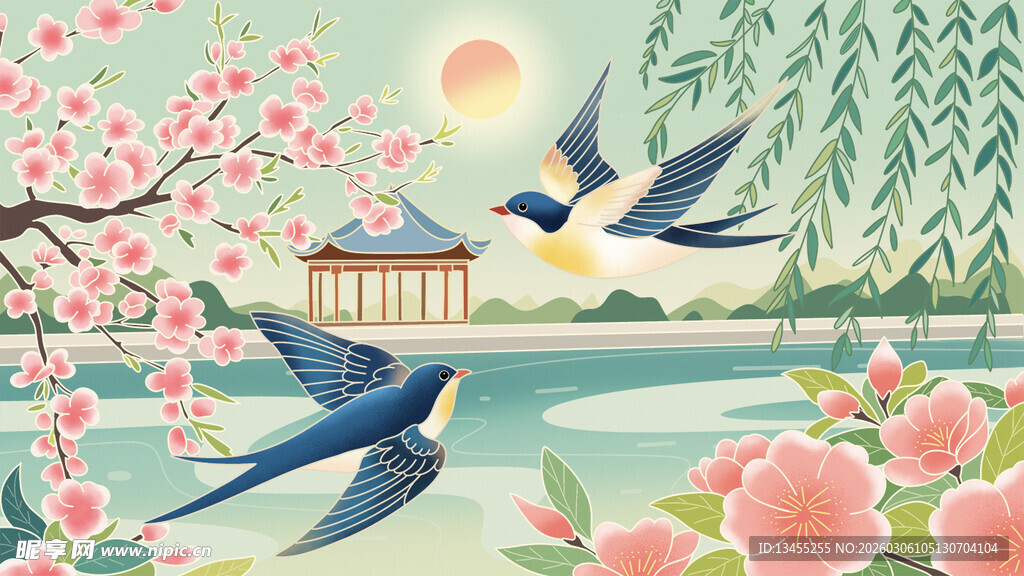 春日湖畔双燕伴花景