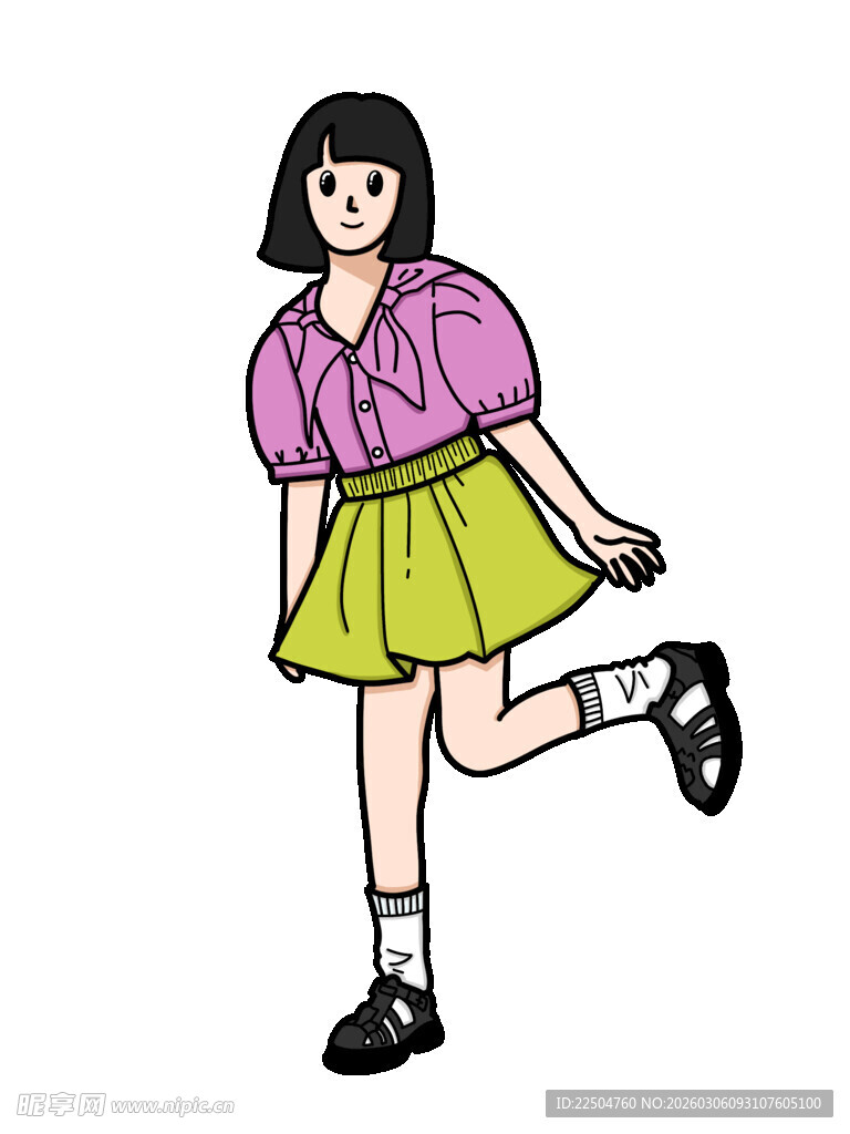 穿粉上衣黄裙的俏皮女孩手绘插画