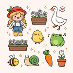 卡通动物与女孩插画