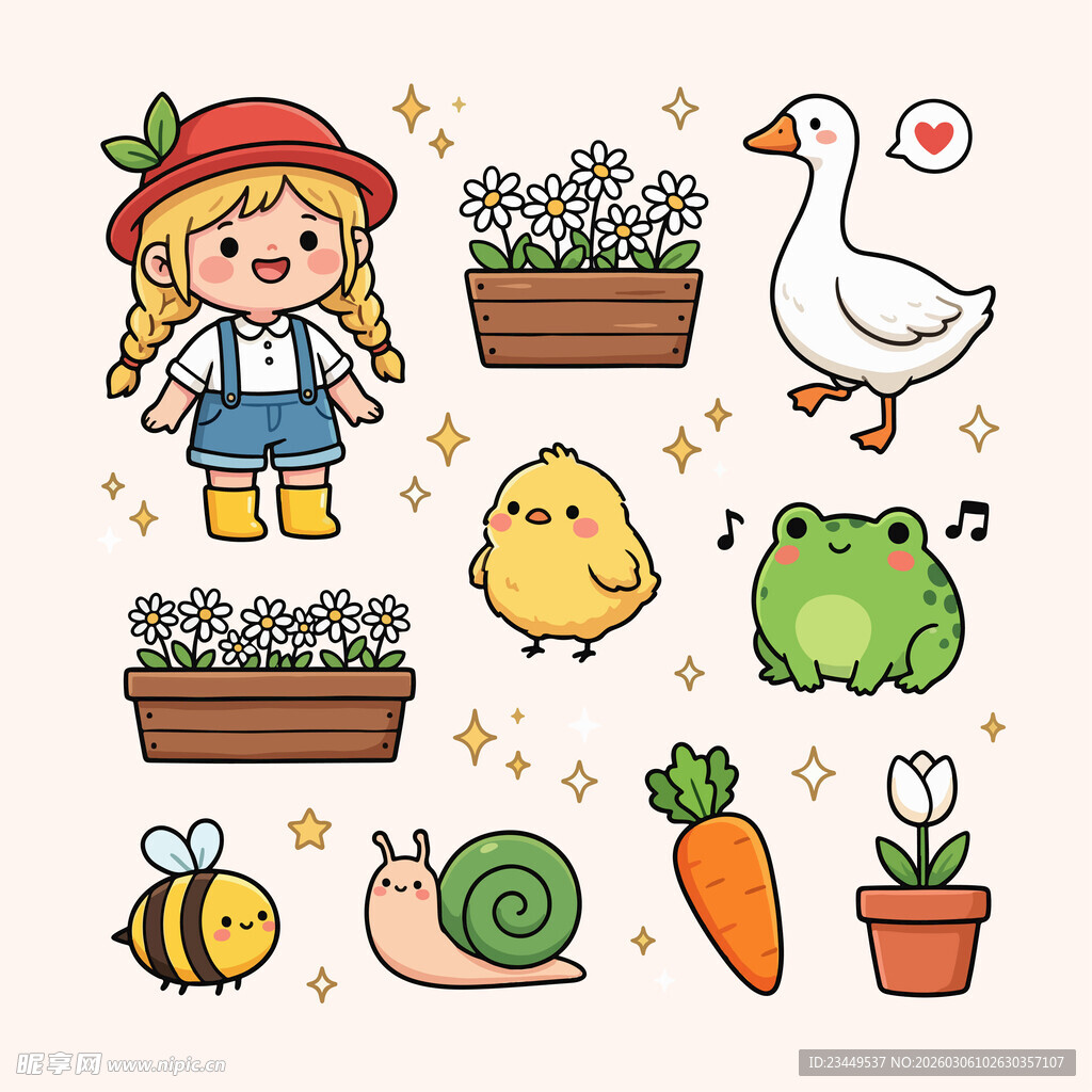 卡通动物与女孩插画