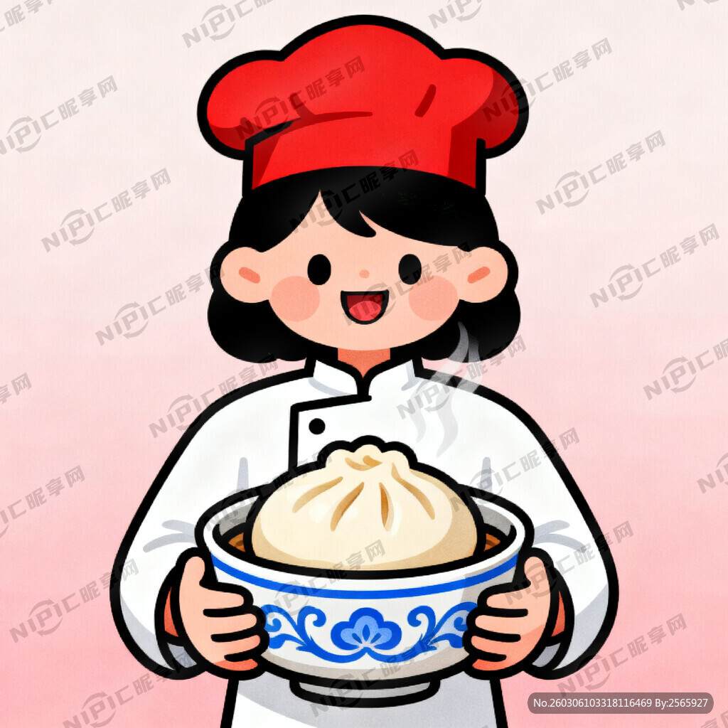 一个卡通女厨师捧着一盆包子