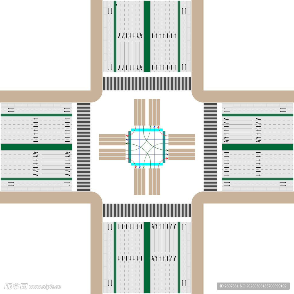 标准多车道十字路口模型平面示意