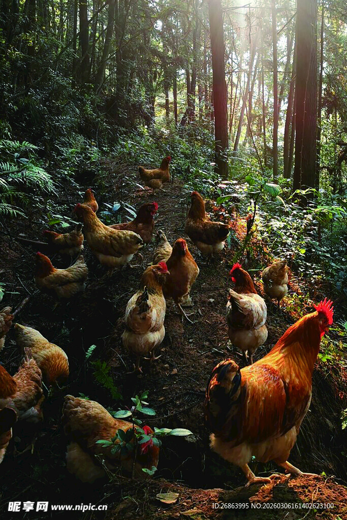 林间群鸡觅食图
