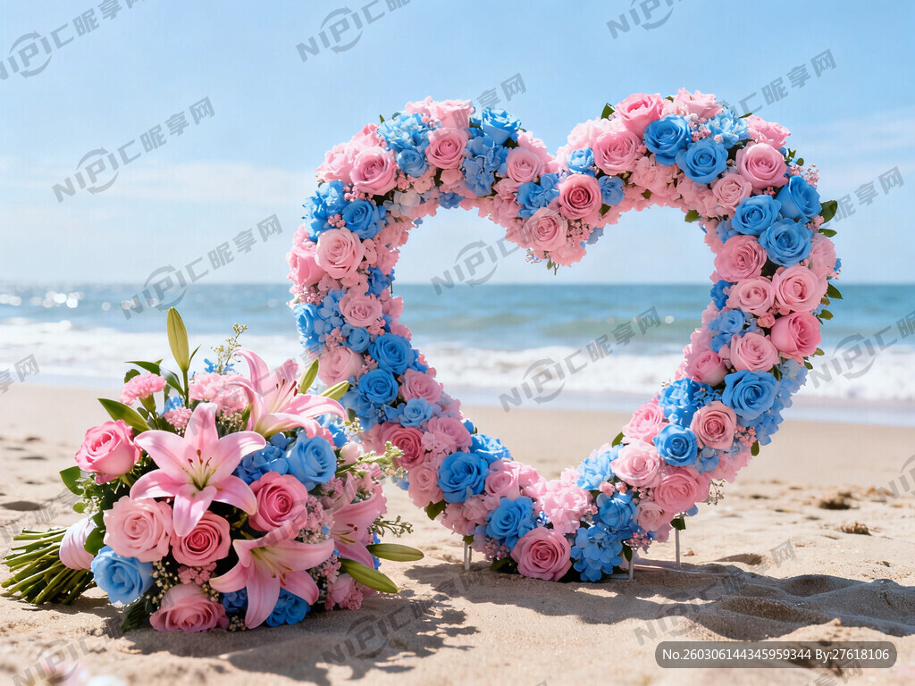 有爱心花圈 有花束 有海滩