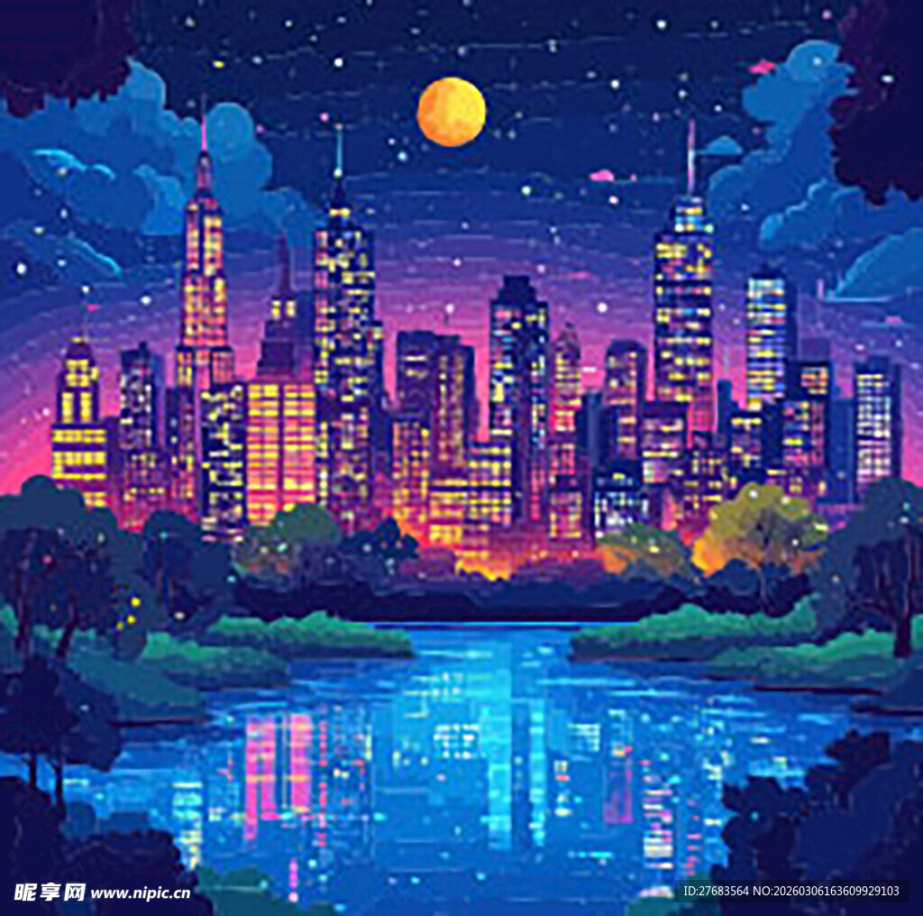 梦幻都市月夜河畔美景