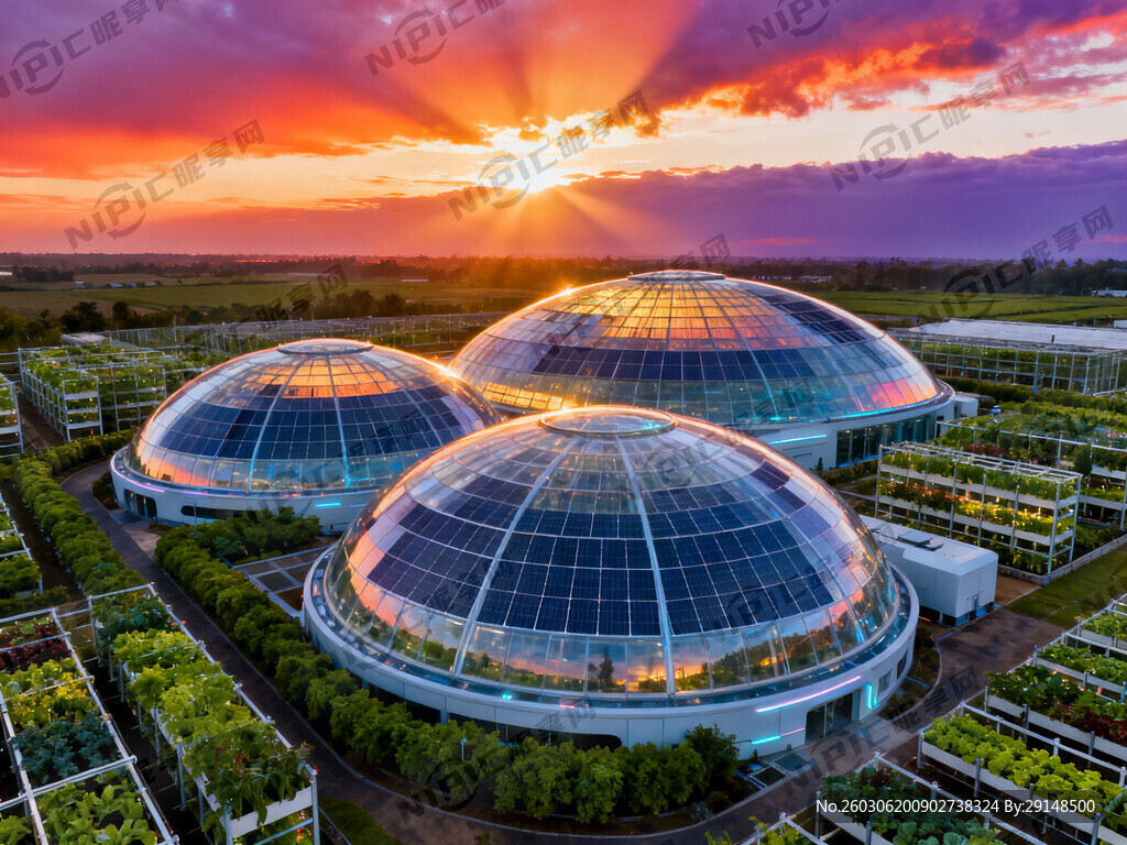 夕阳下的未来农业建筑绿色环保的