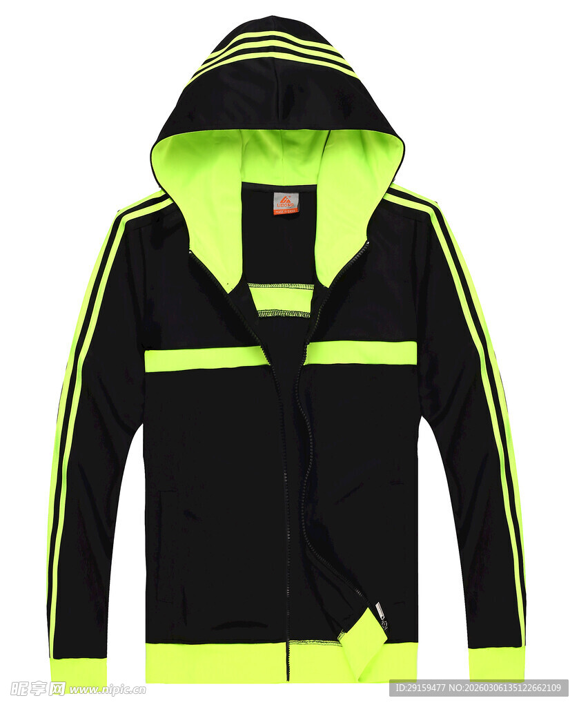 黑色连帽撞色运动外套