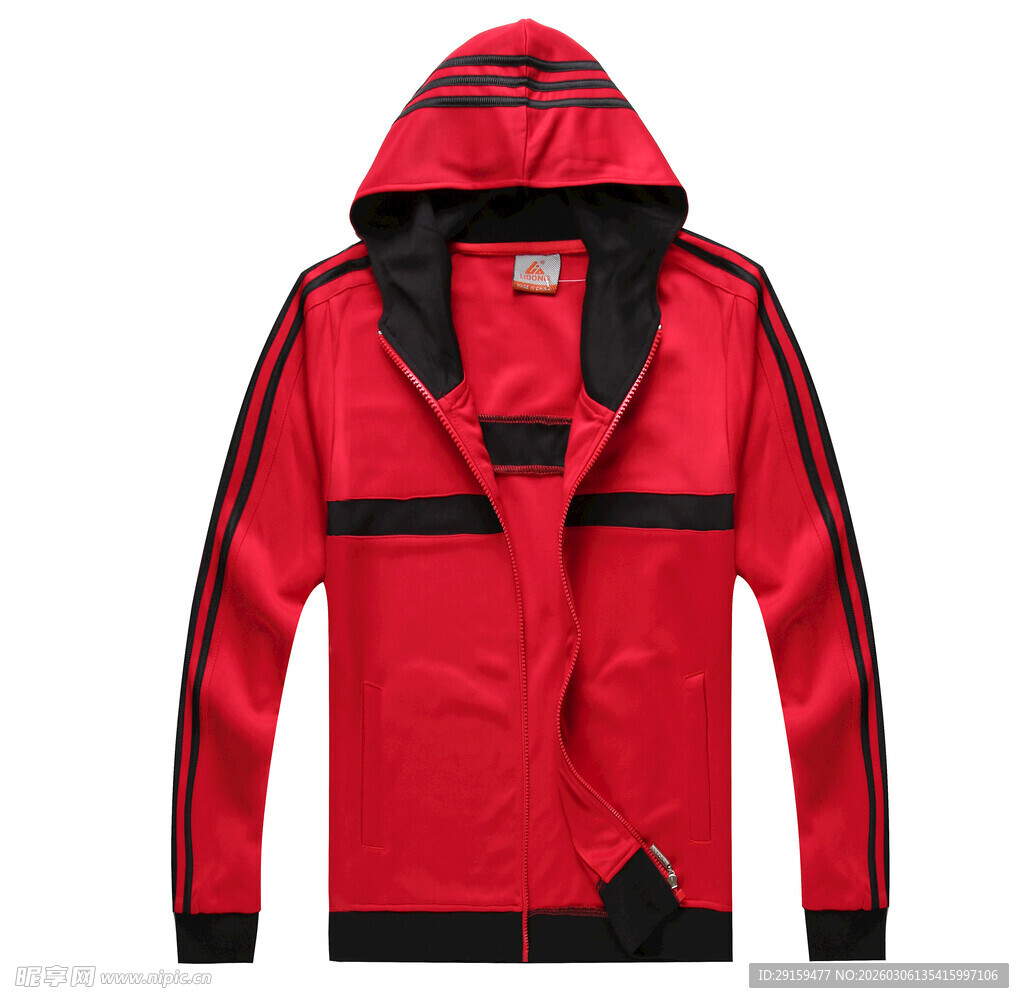 红色连帽运动拉链外套