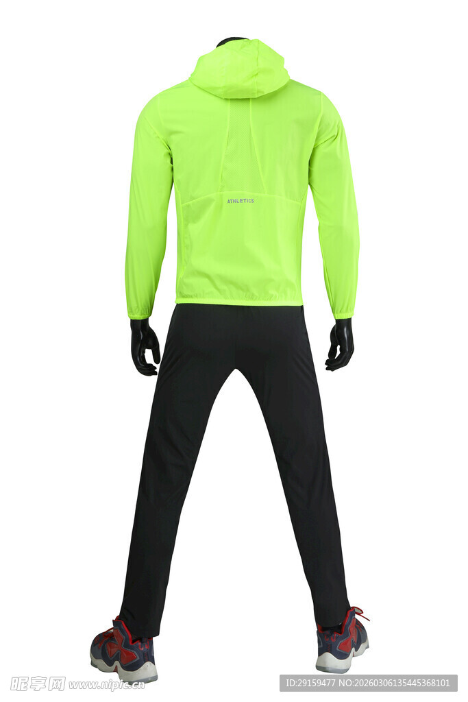 荧光绿连帽运动套装背影