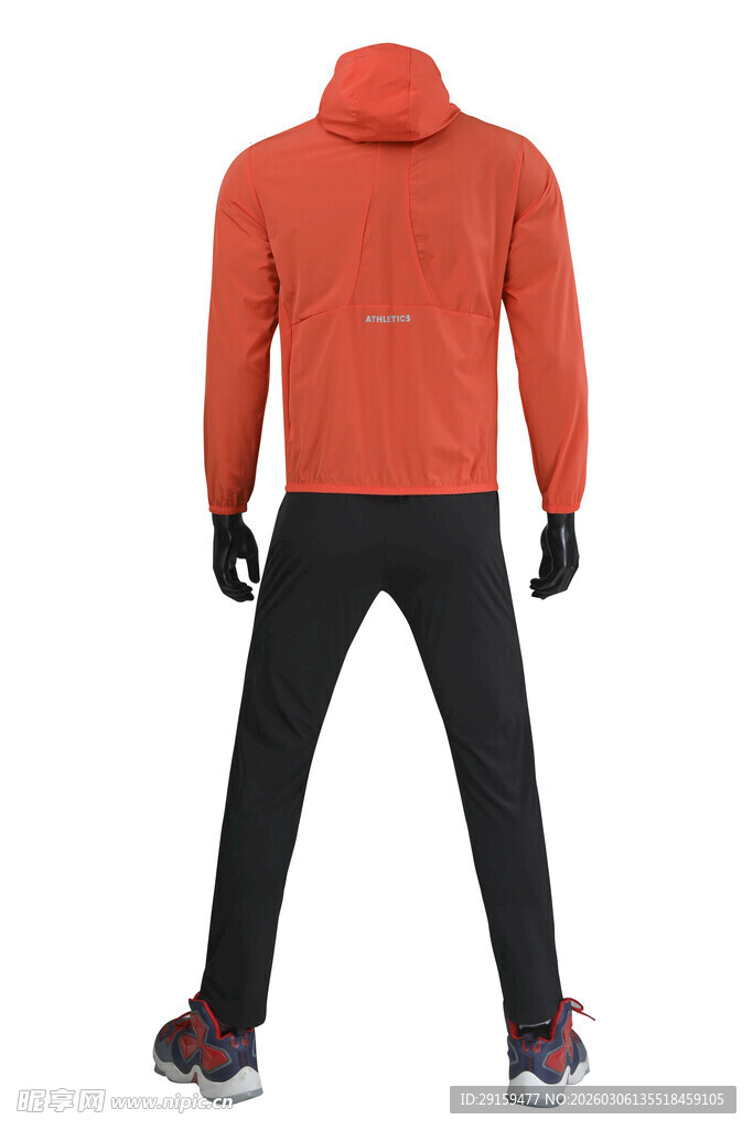 橙色连帽运动套装背影