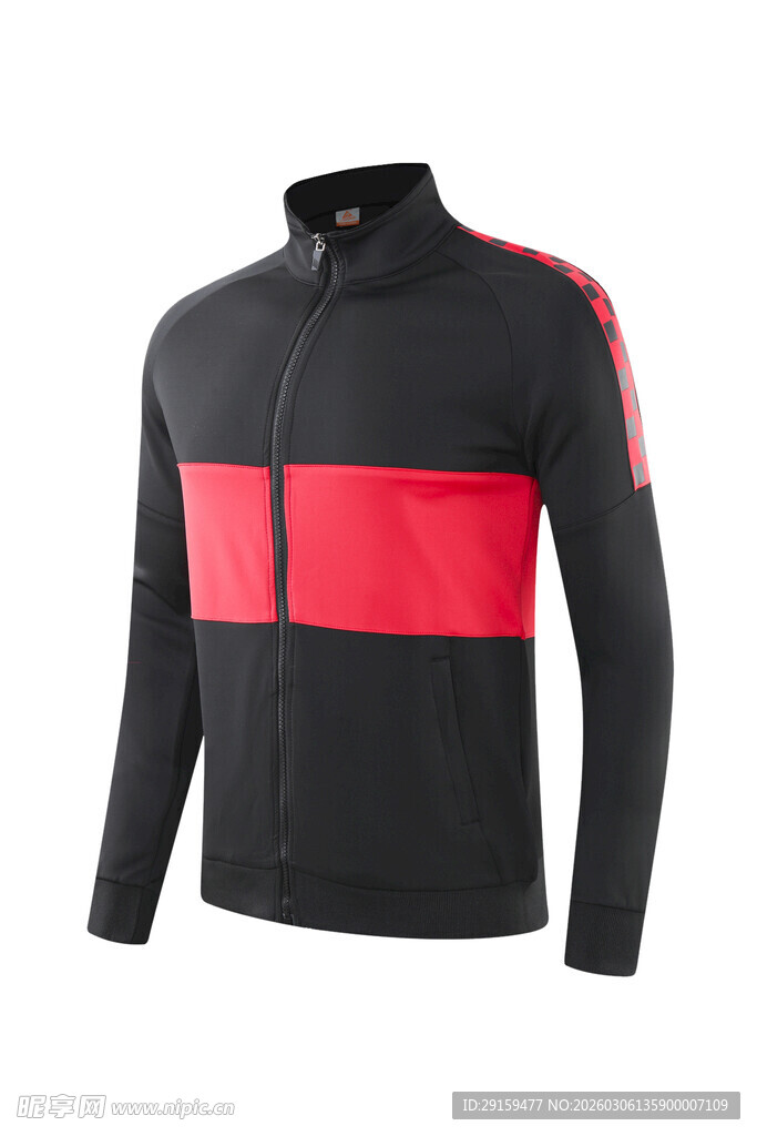 黑红拼接立领长袖运动上衣