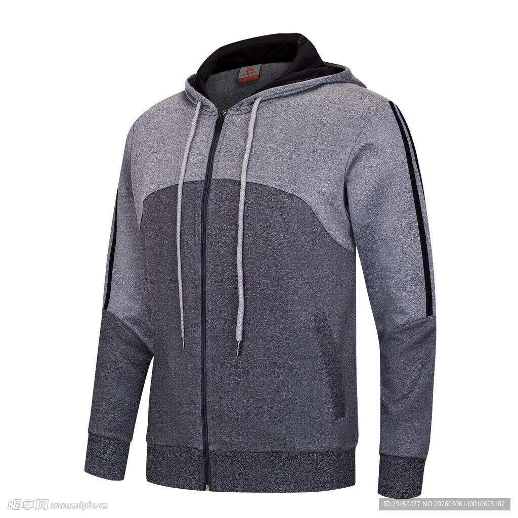 男士连帽拼色运动拉链卫衣