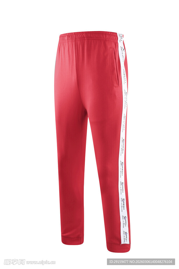 红色侧边条纹运动七分裤