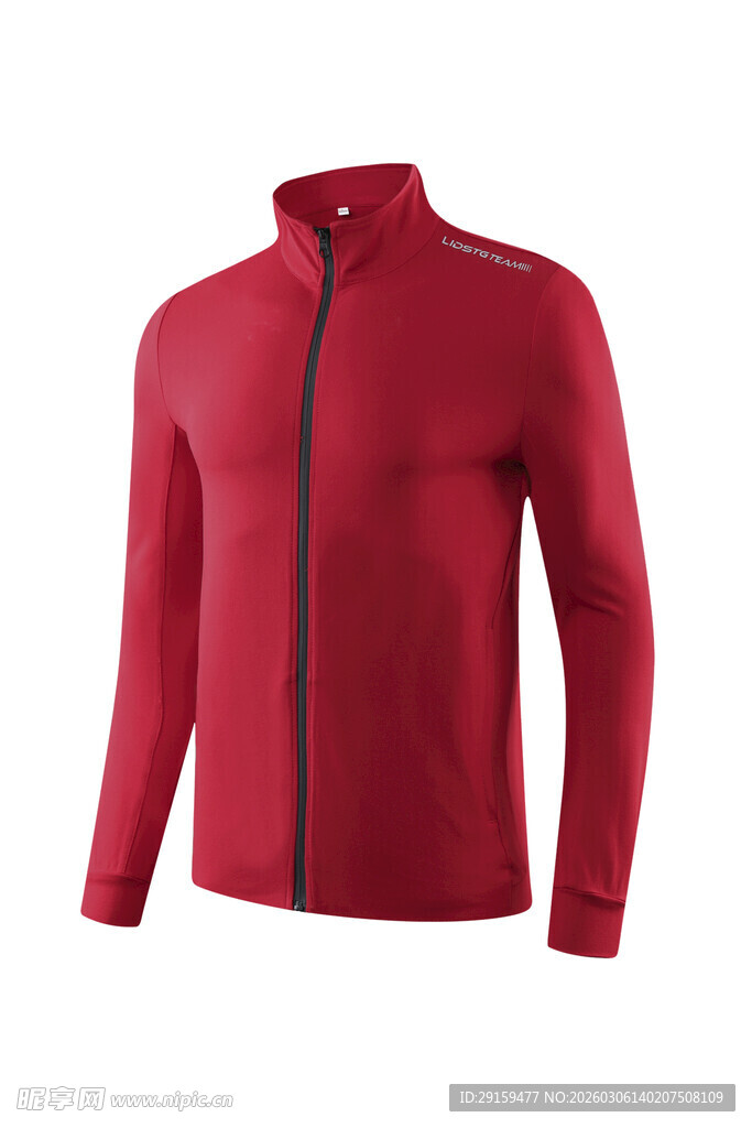 红色立领拉链长袖上衣