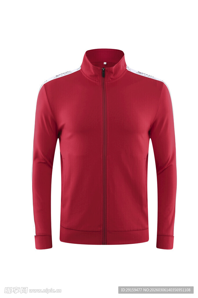 红色立领拉链长袖运动上衣
