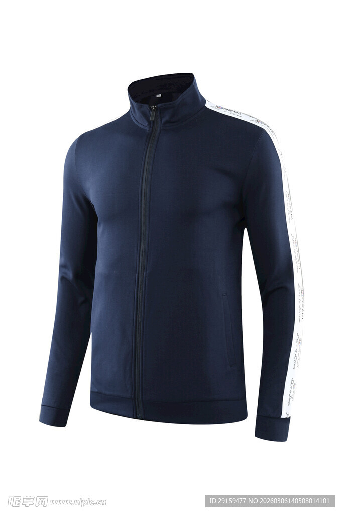 深蓝色立领长袖拉链上衣