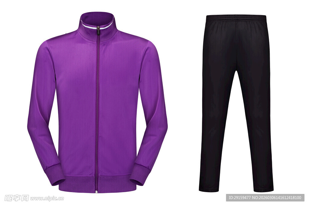 紫色上衣配黑色长裤套装