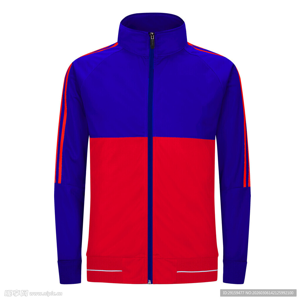 蓝红拼接运动拉链外套