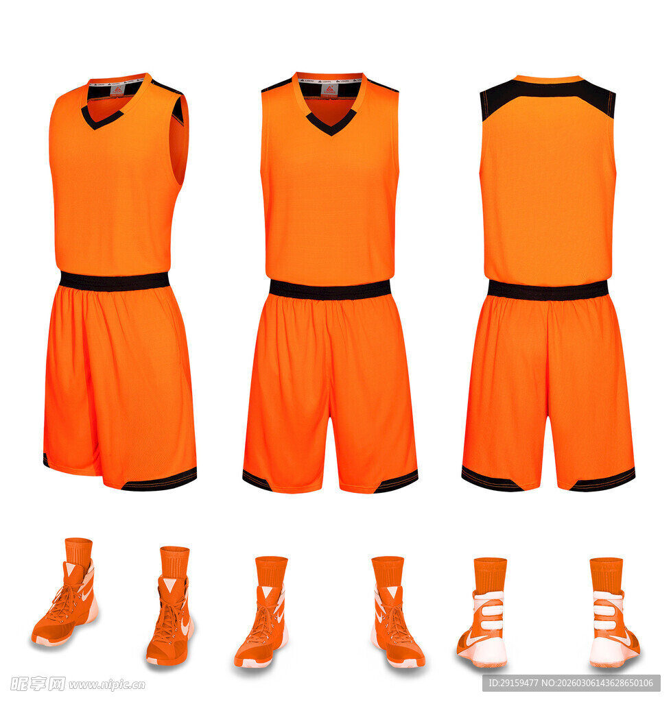 橙色篮球服套装及球鞋展示