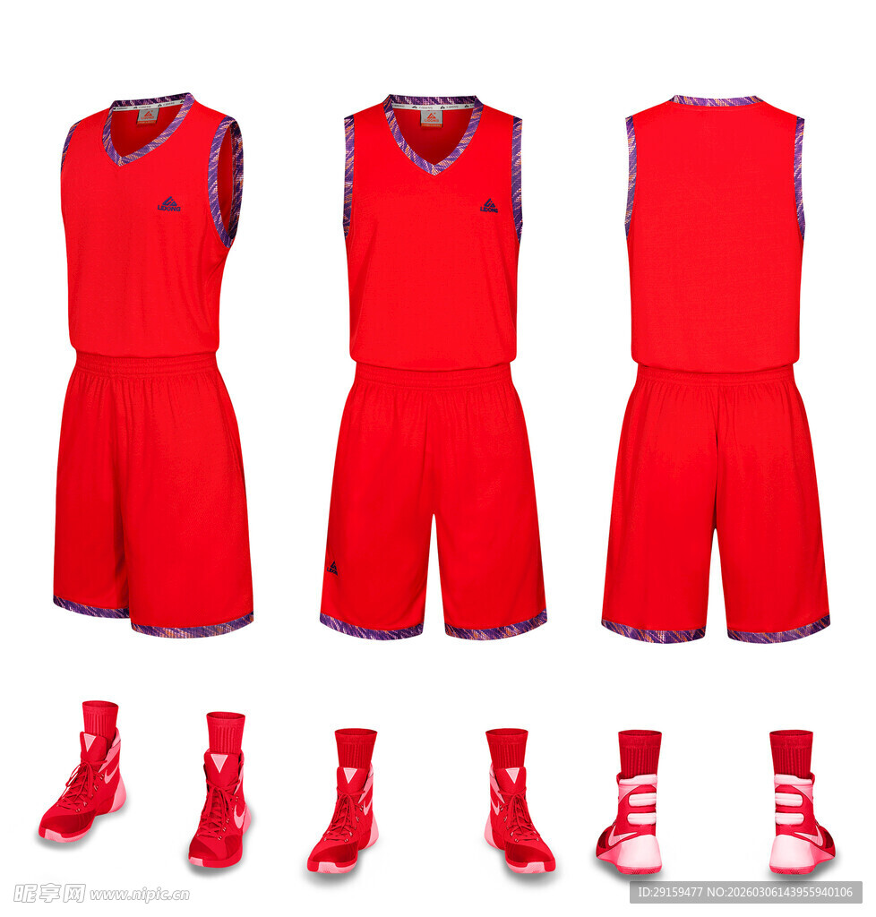 红色篮球运动套装及鞋袜