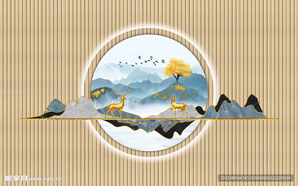 中式山水圆形插画风景图