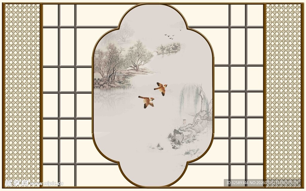 中式窗景中的灵动飞鸟