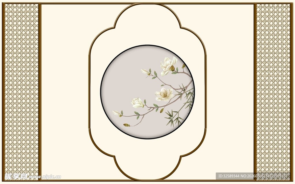 中式圆形花鸟装饰图案