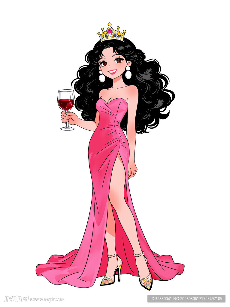 优雅持酒的粉色长裙女王