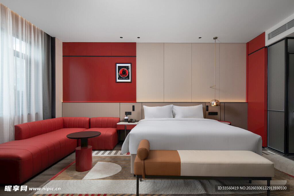 现代风红白色调卧室空间