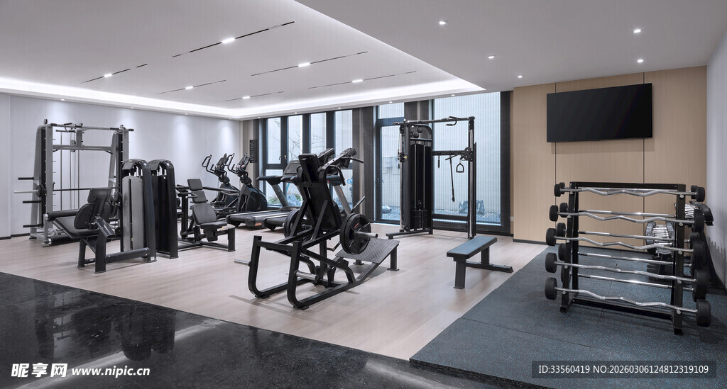现代健身房内景设备展示