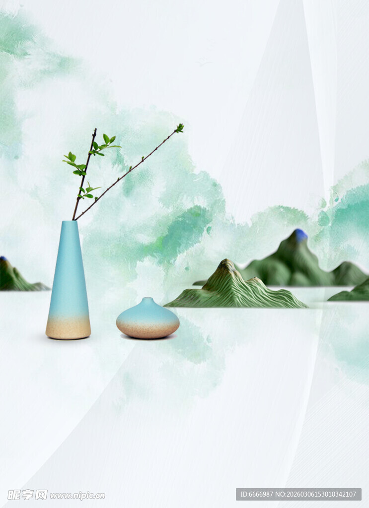 中式禅意花瓶与绿植摆件