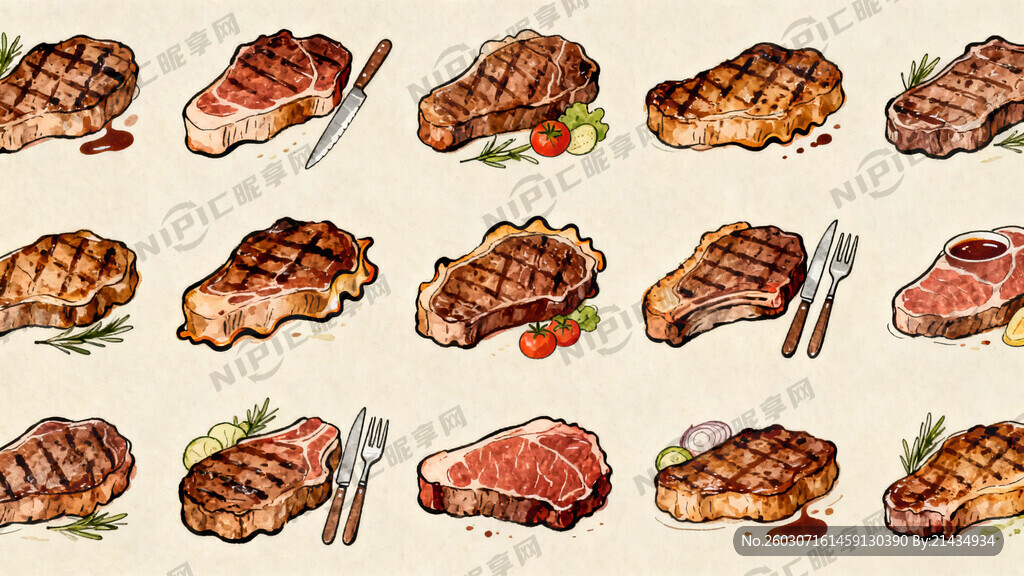 手绘线条牛排图标锦集
