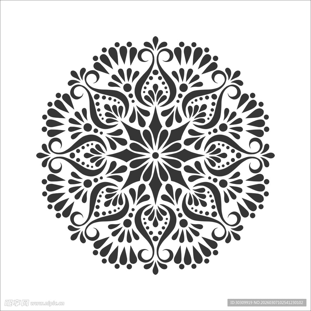 圆形黑白曼陀罗花纹图案