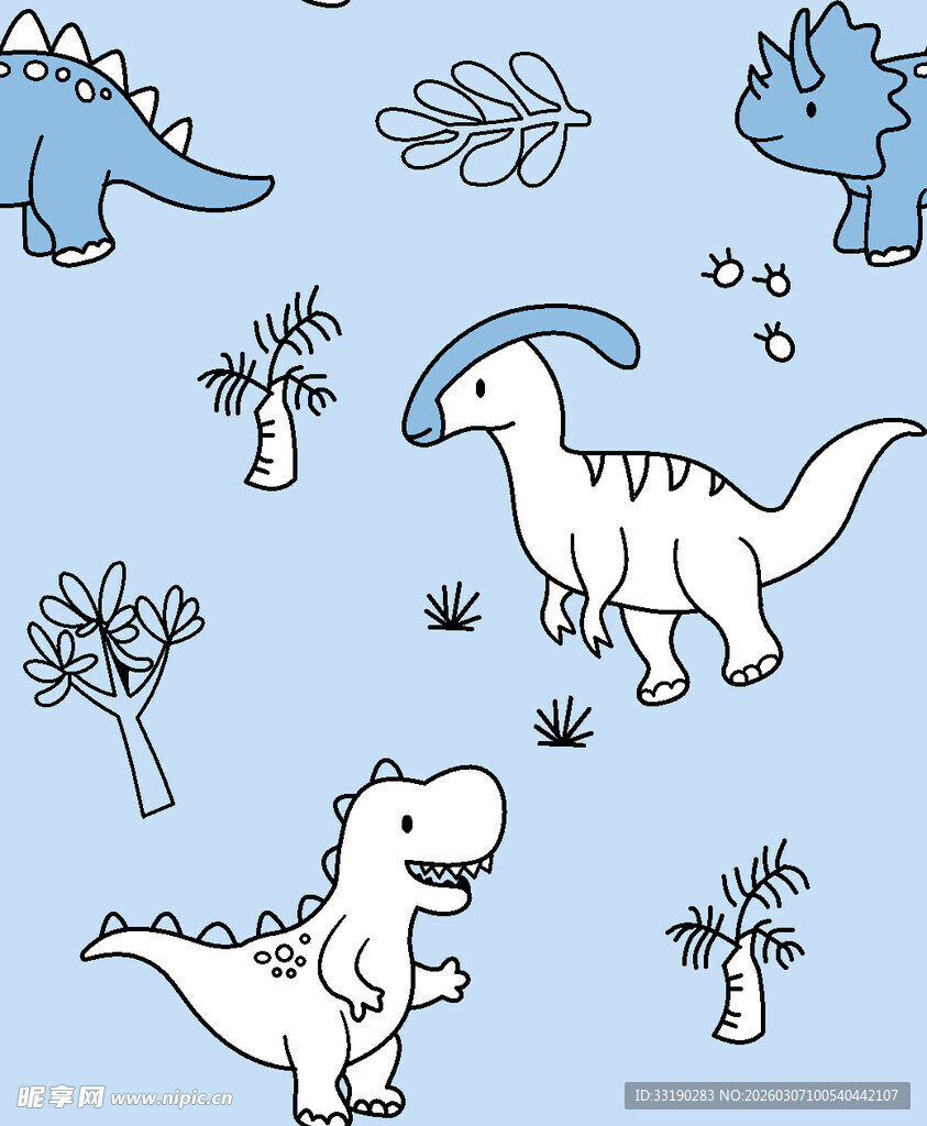可爱卡通恐龙与植物图案
