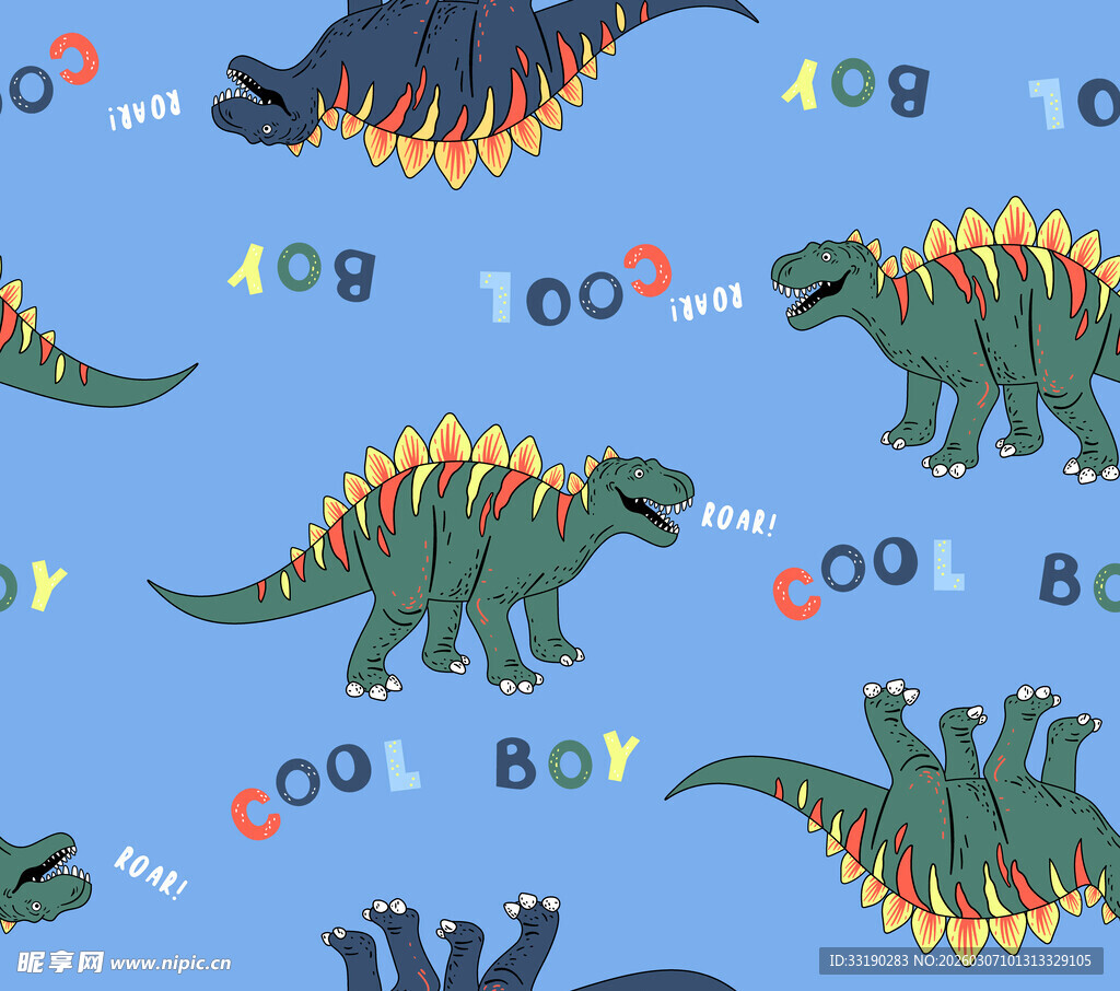 蓝色背景恐龙图案印花