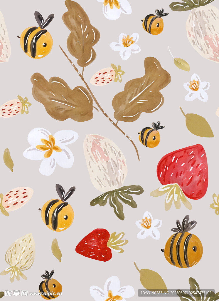 蜜蜂草莓花卉秋季图案